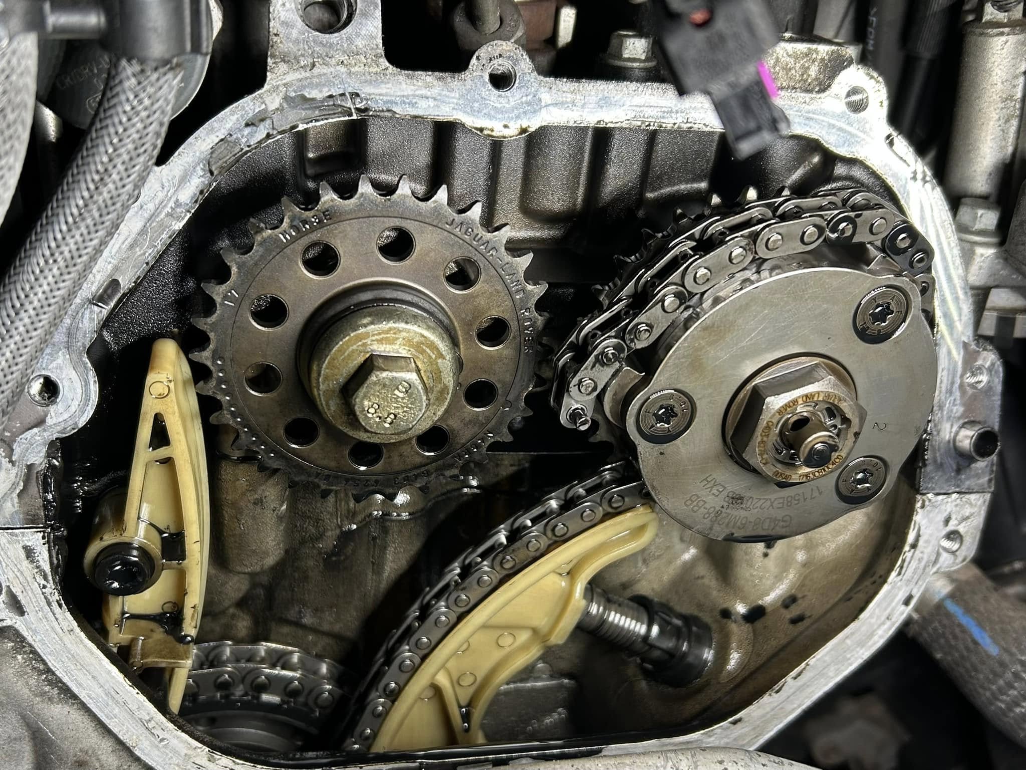 Timing chains and belts page image: A close-up shot of a timing belt and chain. ASM Independent: Independent Jaguar and Land Rover Specialists Wakefield.
